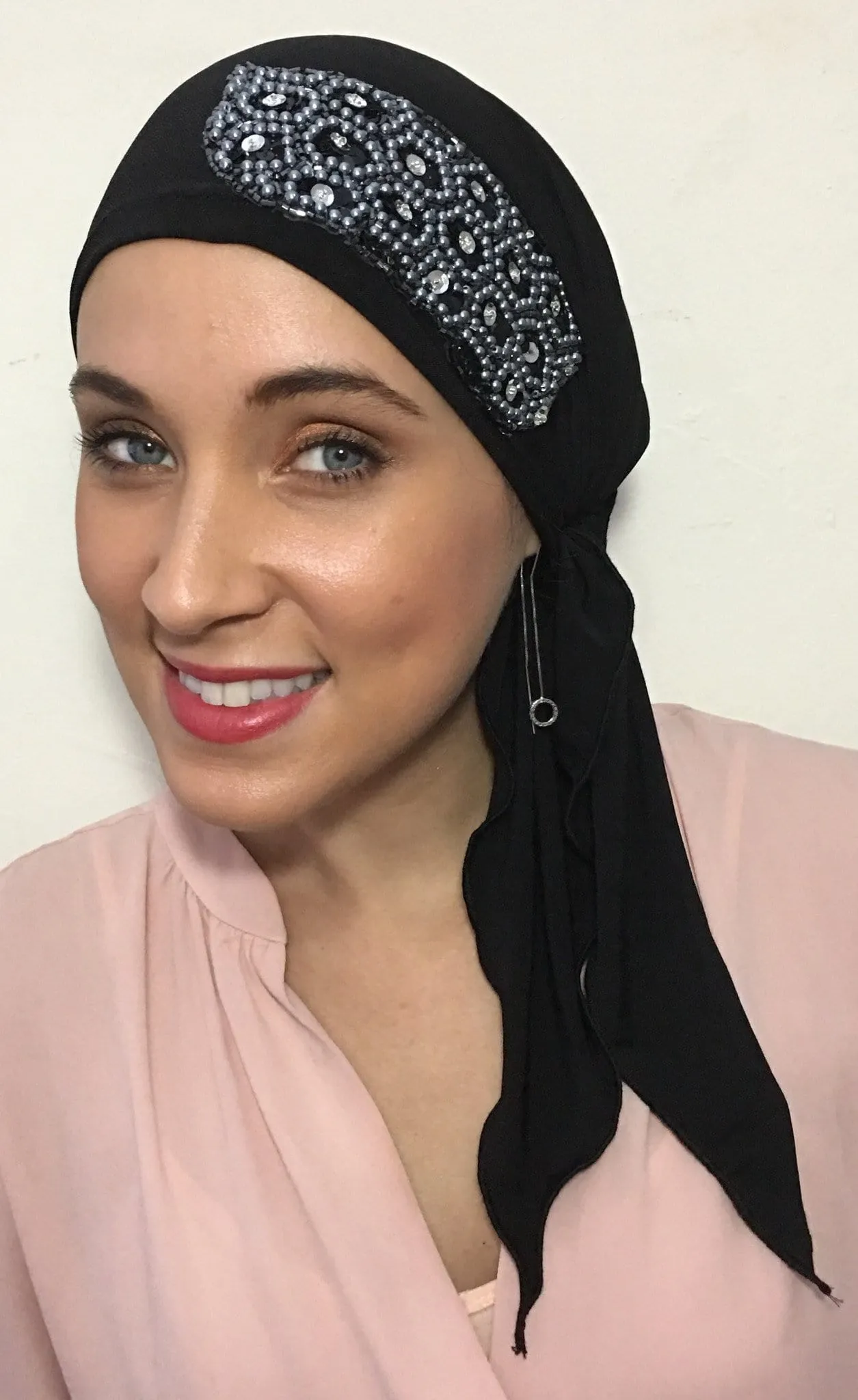 Stunning Pre Tied Modern Hijab Head Scarf with Applique (Black or Grey Scarf)