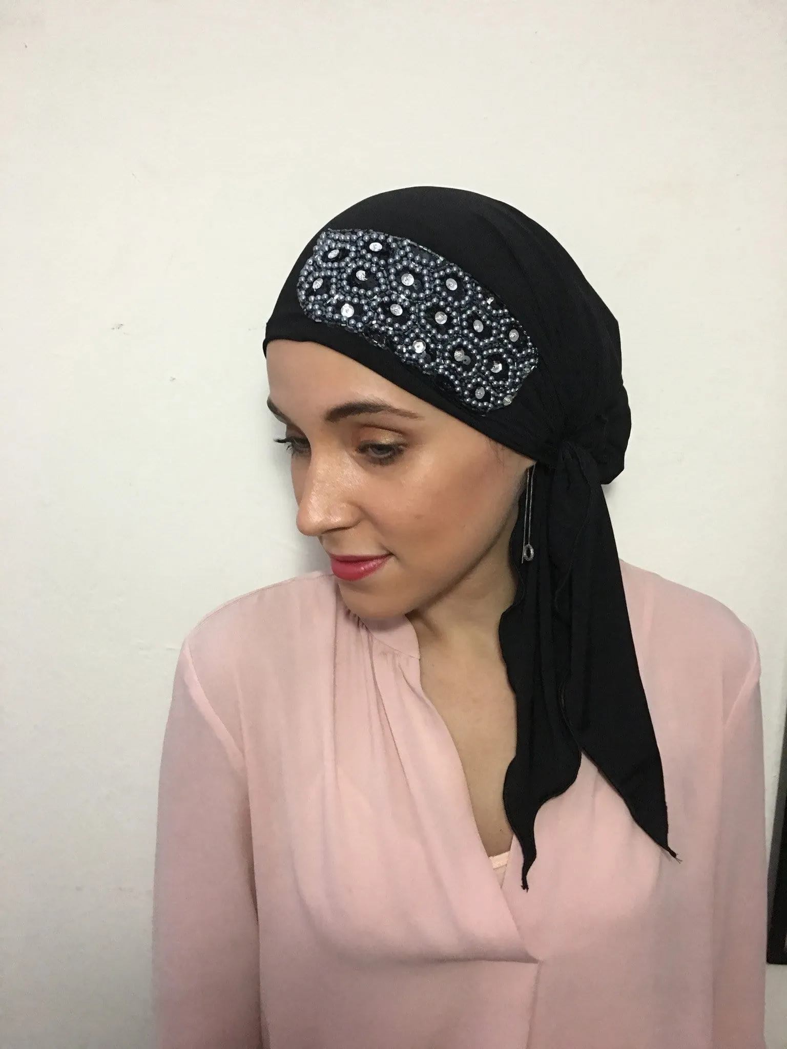 Stunning Pre Tied Modern Hijab Head Scarf with Applique (Black or Grey Scarf)