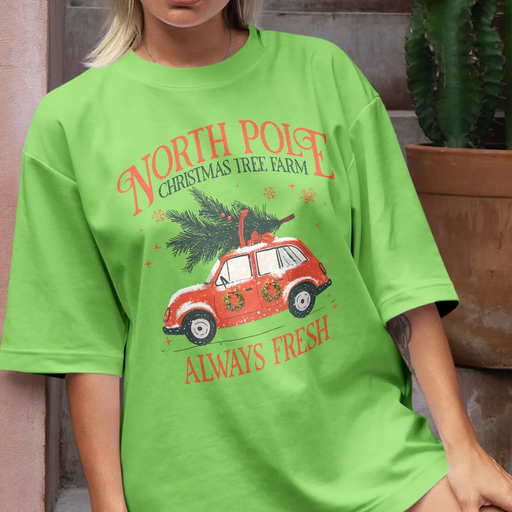 Teesdily | North Pole Christmas Tree Farm Always Fresh Shirt, Christmas Car Wreath Sweatshirt, Farm Fresh Christmas Hoodie Mug