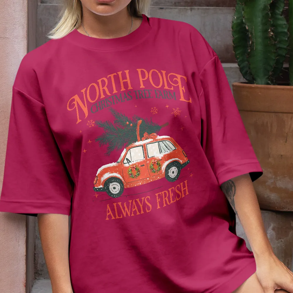 Teesdily | North Pole Christmas Tree Farm Always Fresh Shirt, Christmas Car Wreath Sweatshirt, Farm Fresh Christmas Hoodie Mug