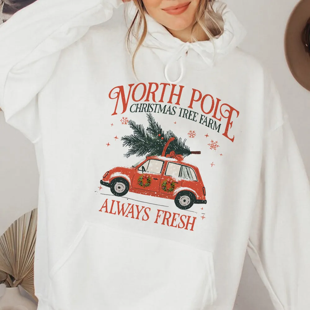 Teesdily | North Pole Christmas Tree Farm Always Fresh Shirt, Christmas Car Wreath Sweatshirt, Farm Fresh Christmas Hoodie Mug