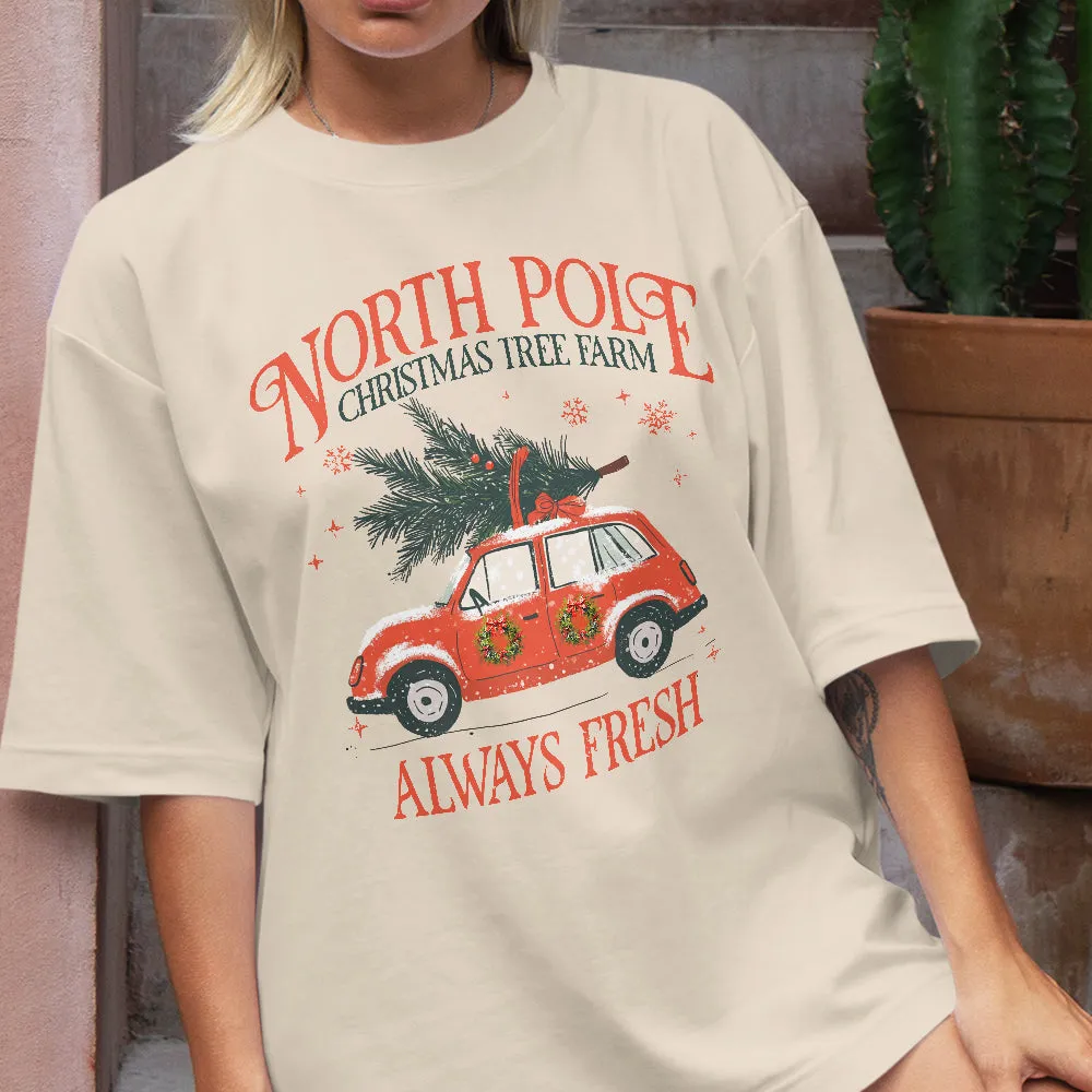 Teesdily | North Pole Christmas Tree Farm Always Fresh Shirt, Christmas Car Wreath Sweatshirt, Farm Fresh Christmas Hoodie Mug