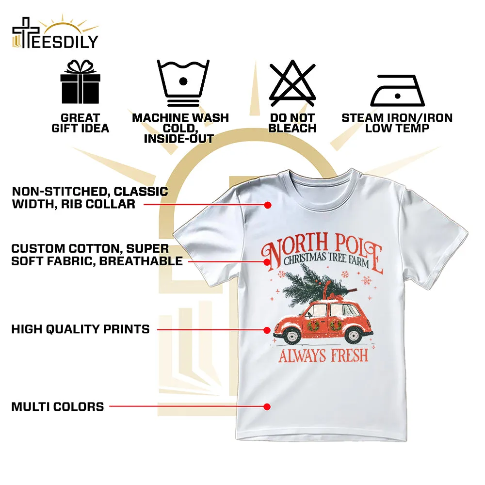 Teesdily | North Pole Christmas Tree Farm Always Fresh Shirt, Christmas Car Wreath Sweatshirt, Farm Fresh Christmas Hoodie Mug