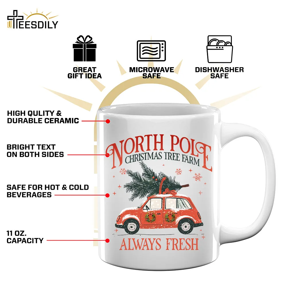 Teesdily | North Pole Christmas Tree Farm Always Fresh Shirt, Christmas Car Wreath Sweatshirt, Farm Fresh Christmas Hoodie Mug