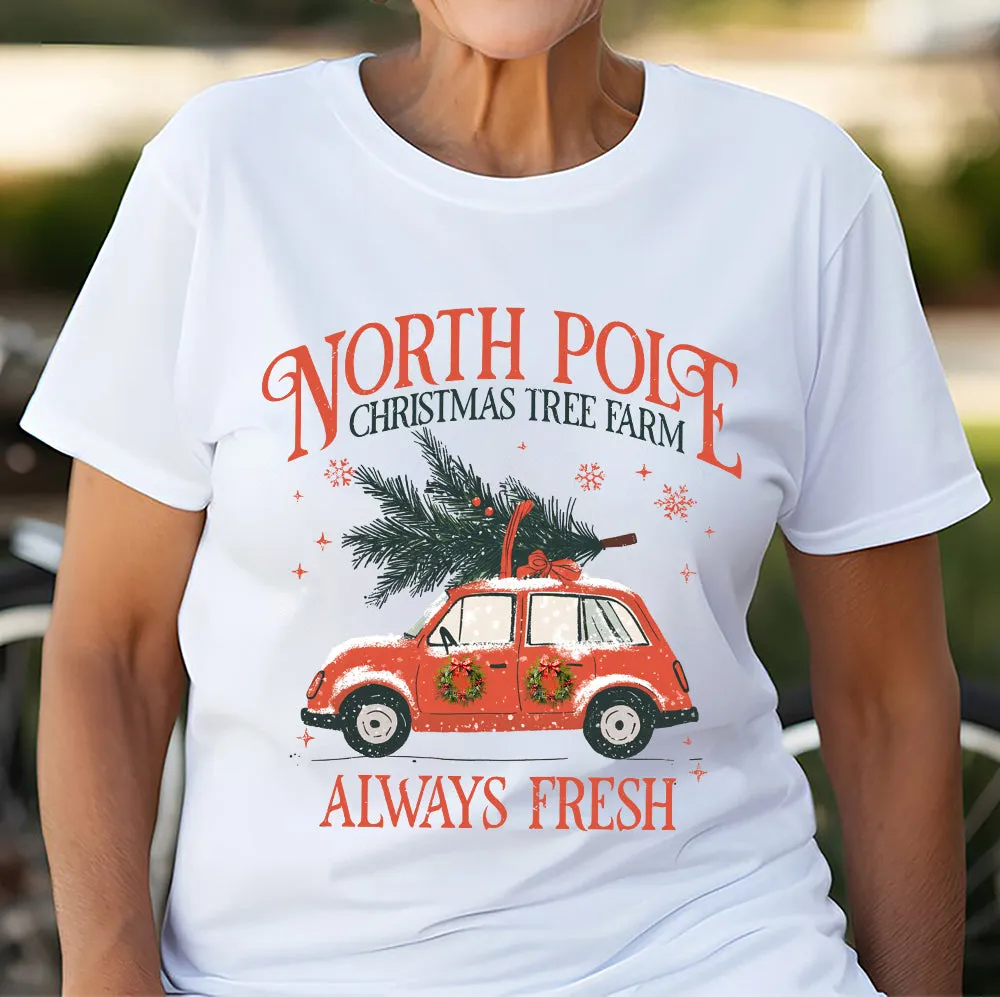 Teesdily | North Pole Christmas Tree Farm Always Fresh Shirt, Christmas Car Wreath Sweatshirt, Farm Fresh Christmas Hoodie Mug