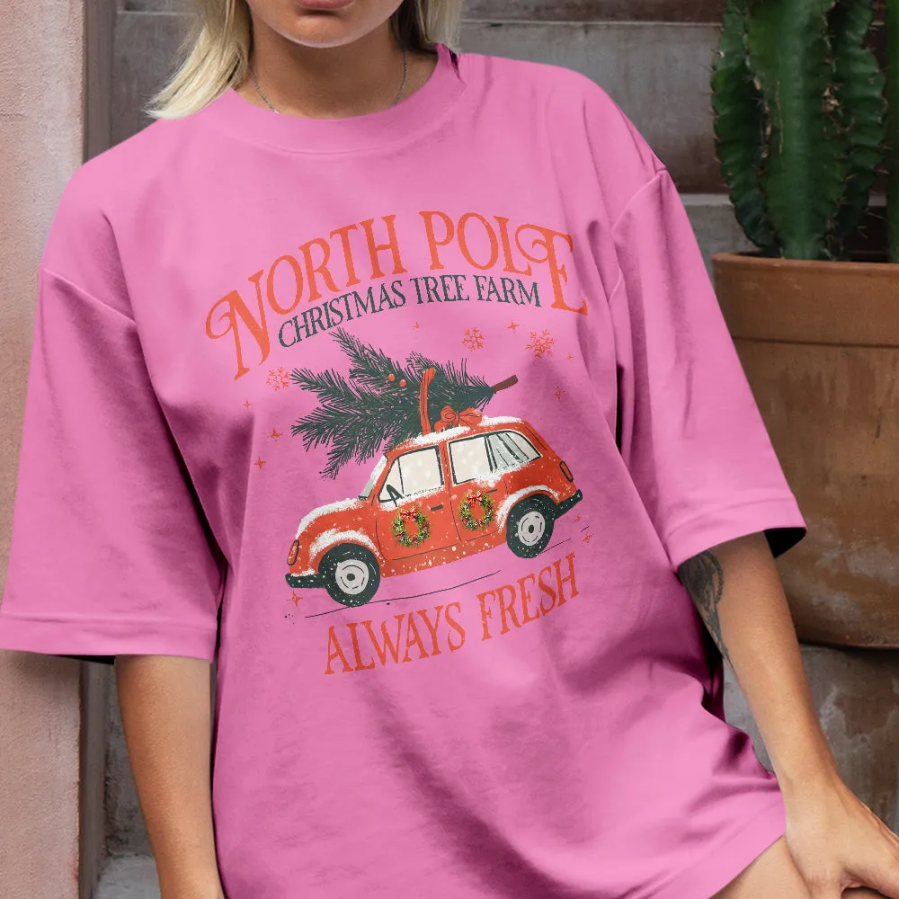 Teesdily | North Pole Christmas Tree Farm Always Fresh Shirt, Christmas Car Wreath Sweatshirt, Farm Fresh Christmas Hoodie Mug