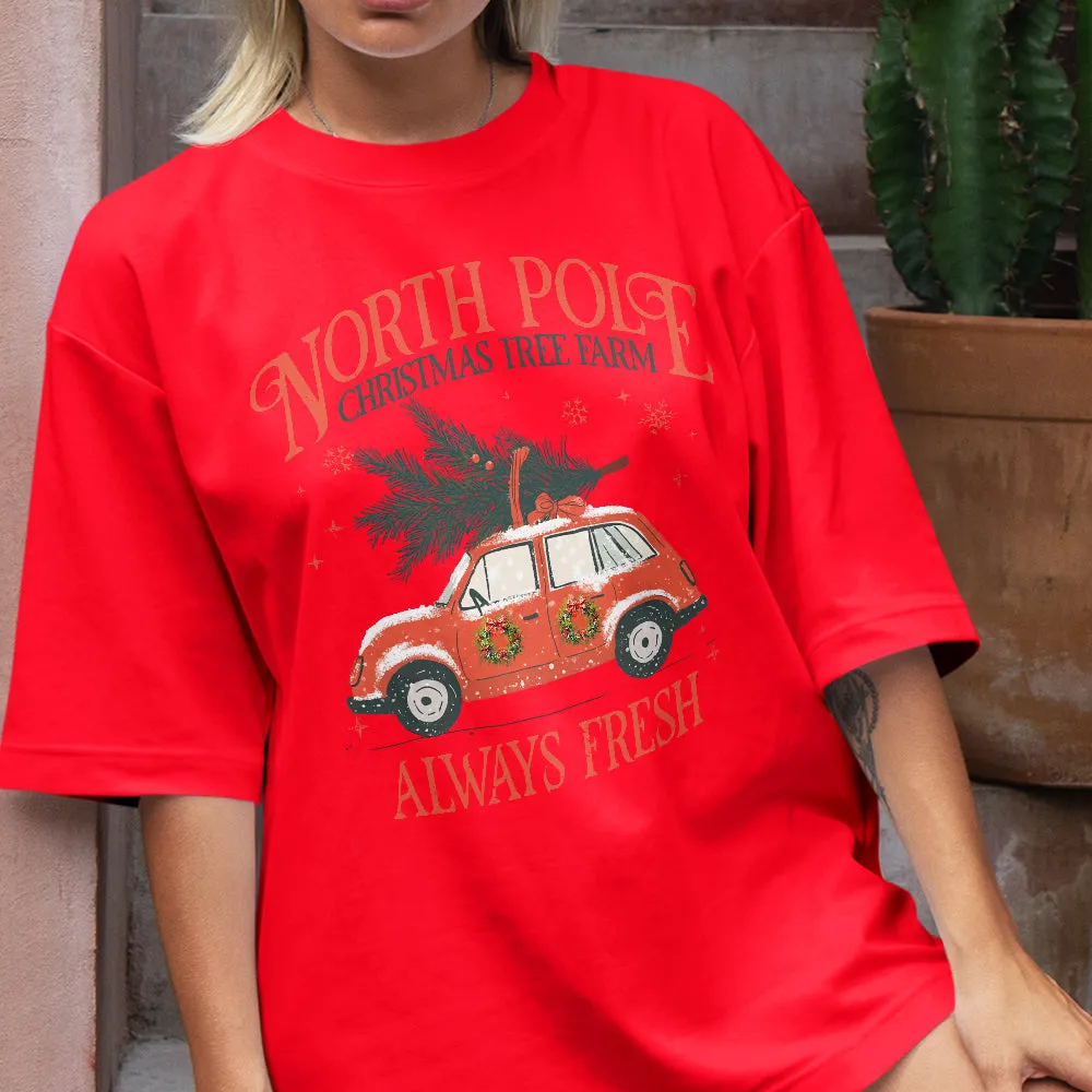 Teesdily | North Pole Christmas Tree Farm Always Fresh Shirt, Christmas Car Wreath Sweatshirt, Farm Fresh Christmas Hoodie Mug