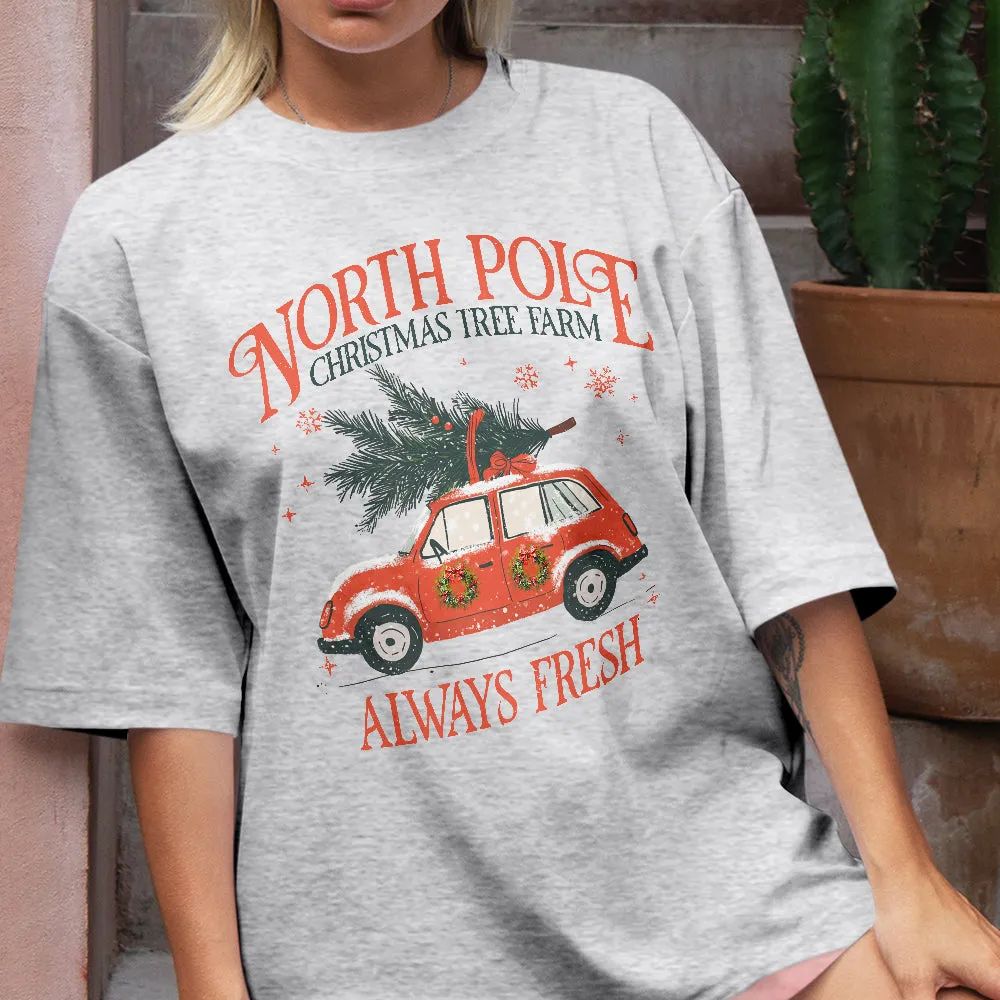 Teesdily | North Pole Christmas Tree Farm Always Fresh Shirt, Christmas Car Wreath Sweatshirt, Farm Fresh Christmas Hoodie Mug