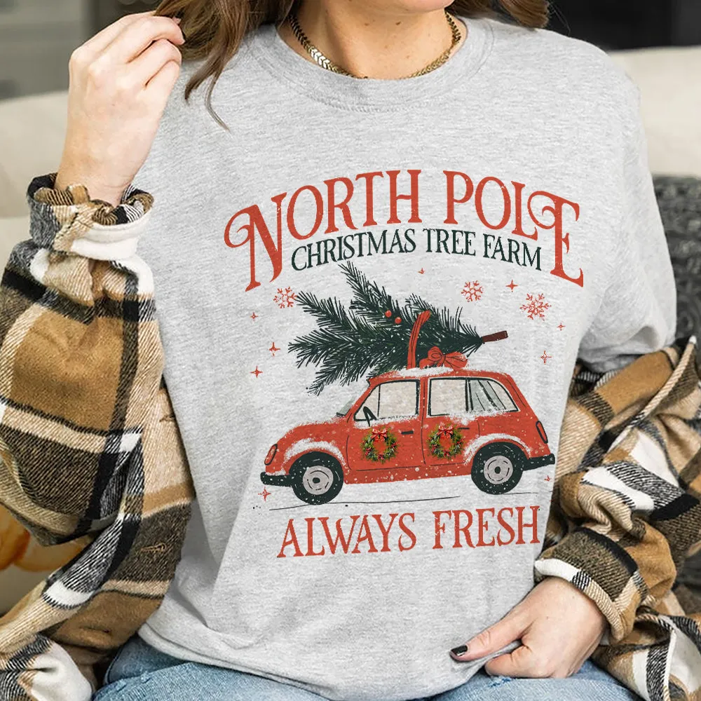 Teesdily | North Pole Christmas Tree Farm Always Fresh Shirt, Christmas Car Wreath Sweatshirt, Farm Fresh Christmas Hoodie Mug