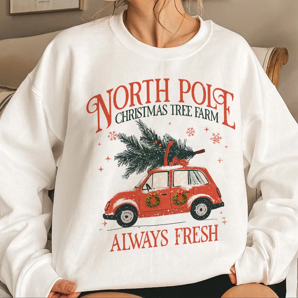 Teesdily | North Pole Christmas Tree Farm Always Fresh Shirt, Christmas Car Wreath Sweatshirt, Farm Fresh Christmas Hoodie Mug