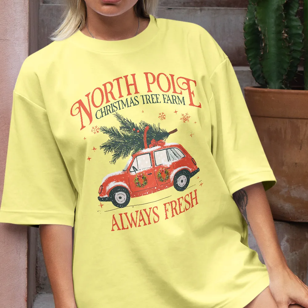 Teesdily | North Pole Christmas Tree Farm Always Fresh Shirt, Christmas Car Wreath Sweatshirt, Farm Fresh Christmas Hoodie Mug