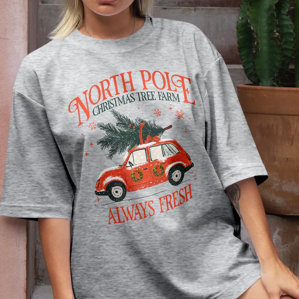 Teesdily | North Pole Christmas Tree Farm Always Fresh Shirt, Christmas Car Wreath Sweatshirt, Farm Fresh Christmas Hoodie Mug