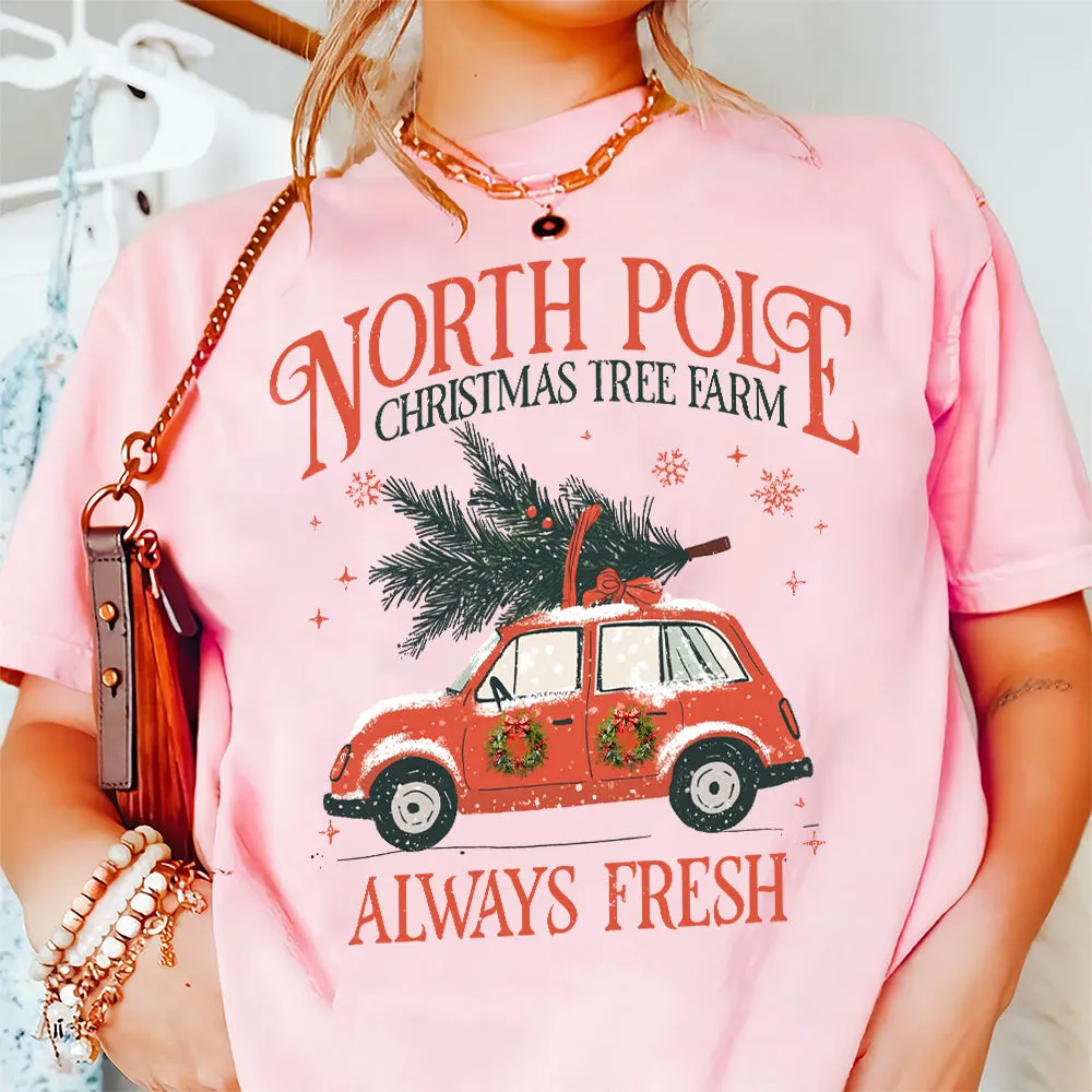 Teesdily | North Pole Christmas Tree Farm Always Fresh Shirt, Christmas Car Wreath Sweatshirt, Farm Fresh Christmas Hoodie Mug