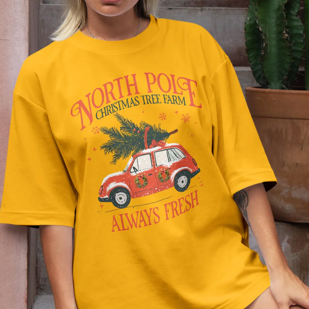 Teesdily | North Pole Christmas Tree Farm Always Fresh Shirt, Christmas Car Wreath Sweatshirt, Farm Fresh Christmas Hoodie Mug