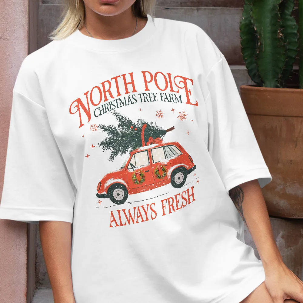 Teesdily | North Pole Christmas Tree Farm Always Fresh Shirt, Christmas Car Wreath Sweatshirt, Farm Fresh Christmas Hoodie Mug