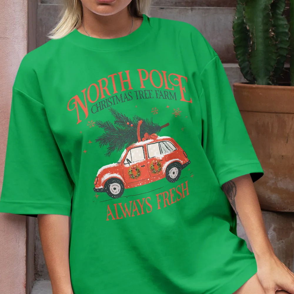 Teesdily | North Pole Christmas Tree Farm Always Fresh Shirt, Christmas Car Wreath Sweatshirt, Farm Fresh Christmas Hoodie Mug