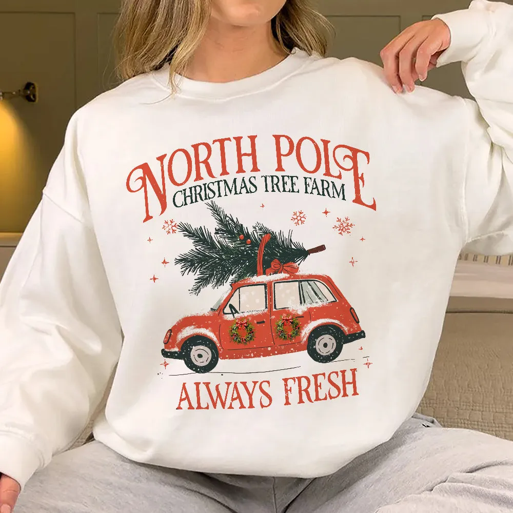 Teesdily | North Pole Christmas Tree Farm Always Fresh Shirt, Christmas Car Wreath Sweatshirt, Farm Fresh Christmas Hoodie Mug