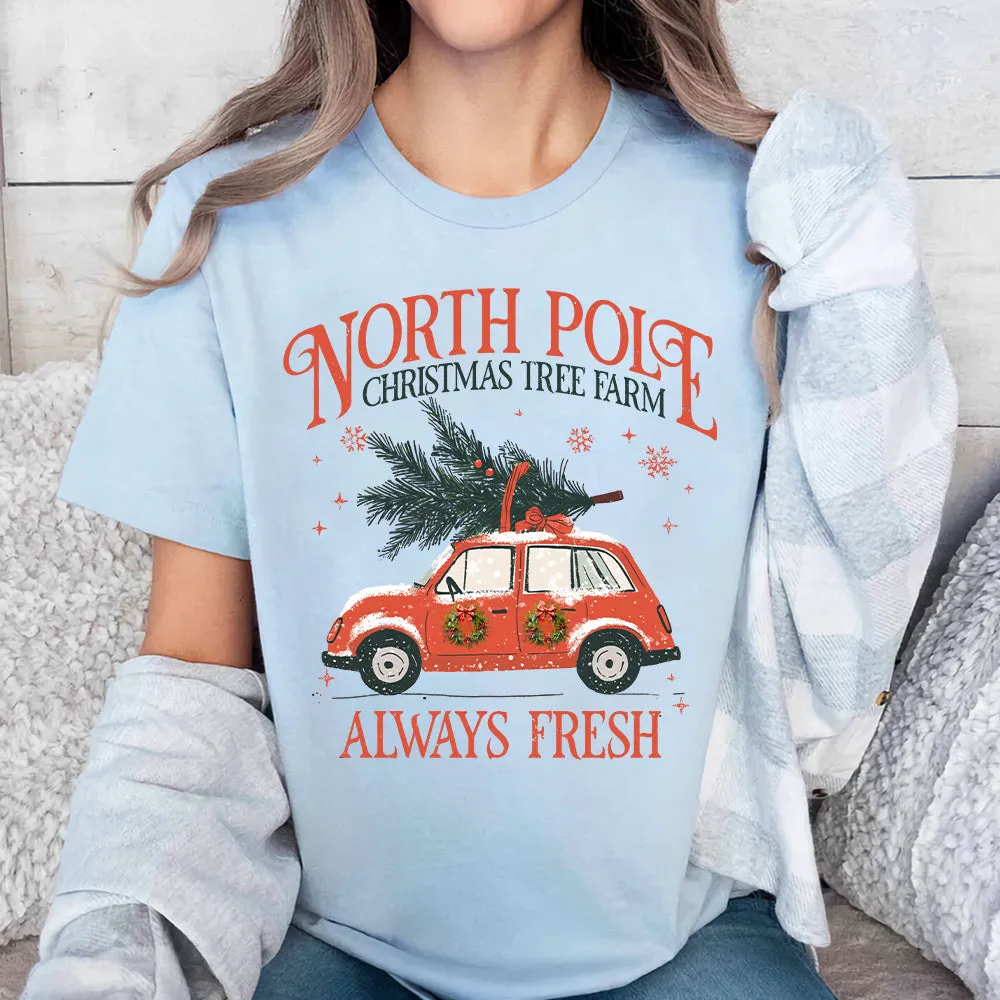 Teesdily | North Pole Christmas Tree Farm Always Fresh Shirt, Christmas Car Wreath Sweatshirt, Farm Fresh Christmas Hoodie Mug