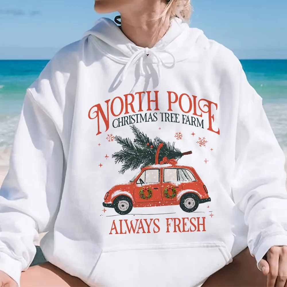 Teesdily | North Pole Christmas Tree Farm Always Fresh Shirt, Christmas Car Wreath Sweatshirt, Farm Fresh Christmas Hoodie Mug