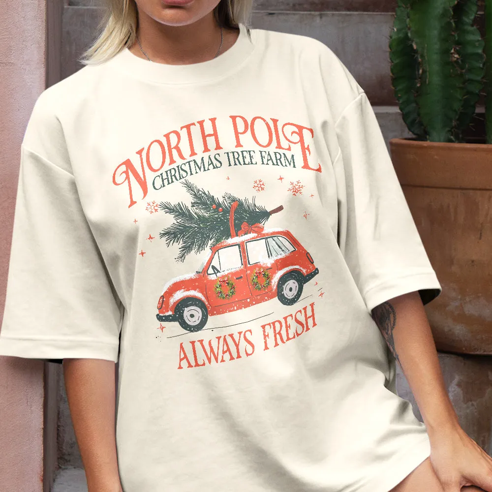 Teesdily | North Pole Christmas Tree Farm Always Fresh Shirt, Christmas Car Wreath Sweatshirt, Farm Fresh Christmas Hoodie Mug