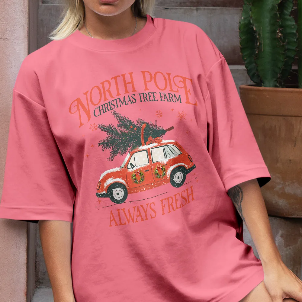 Teesdily | North Pole Christmas Tree Farm Always Fresh Shirt, Christmas Car Wreath Sweatshirt, Farm Fresh Christmas Hoodie Mug