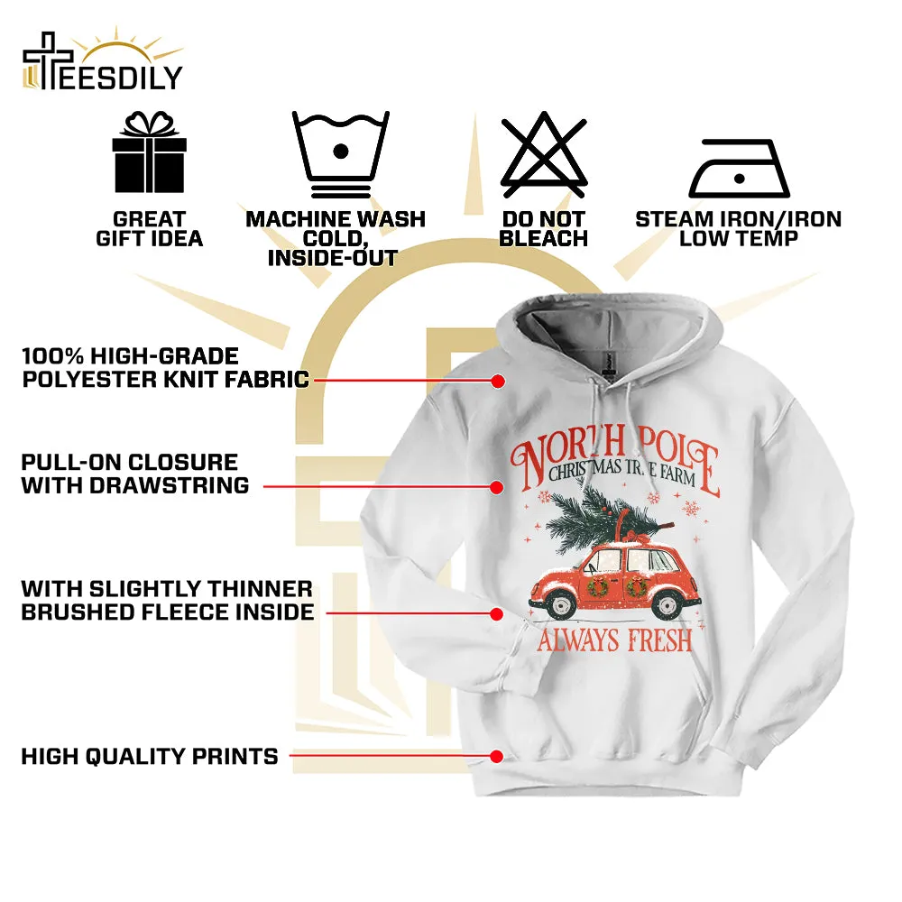 Teesdily | North Pole Christmas Tree Farm Always Fresh Shirt, Christmas Car Wreath Sweatshirt, Farm Fresh Christmas Hoodie Mug