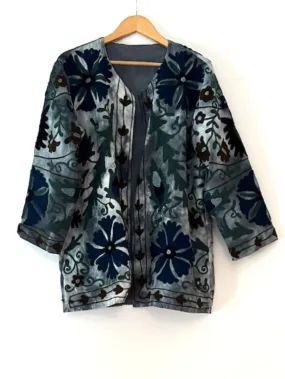 Tie Dye Cotton Suzani Jacket, Hand Embroidery Kimono  (Blue)