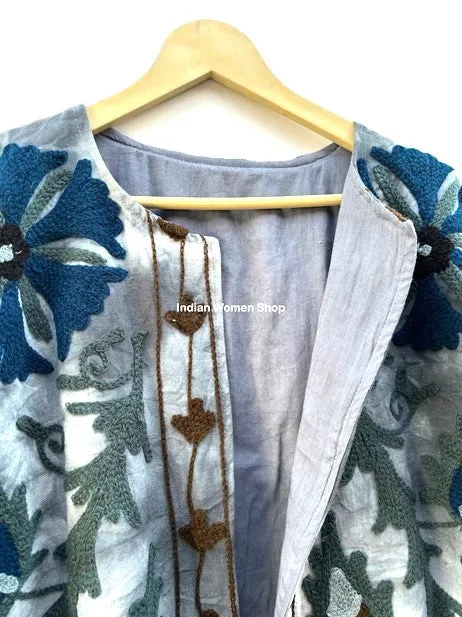 Tie Dye Cotton Suzani Jacket, Hand Embroidery Kimono  (Blue)