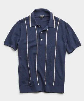 Tipped Wide Stripe Mesh Polo Sweater in Navy