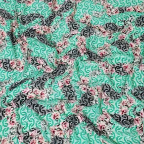 Turquoise green Premium Italian Silk chiffon dirac (makmal) fabric with multicolor print having velvet jacquard in floral design-D8696