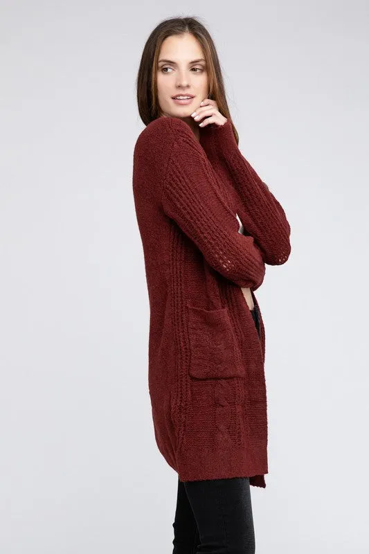 Twist Knitted Open Front Cardigan With Pockets - online exclusive