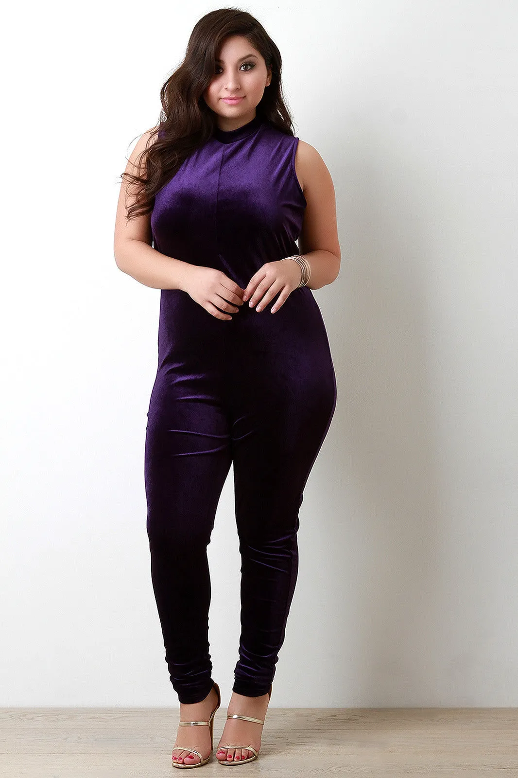 Velvet Mock Neck Sleeveless Jumpsuit