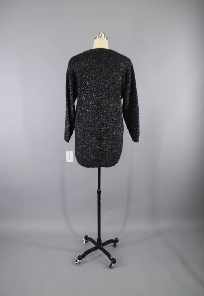 Vintage 1980s Black & Rainbow Lurex Knit Sweater Dress