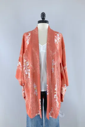 Vintage Coral Pink Floral Silk Kimono Cardigan