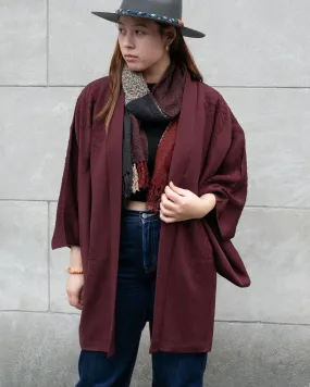 Vintage Haori Jacket, Partial Shibori, Burgundy with Textured Daisies