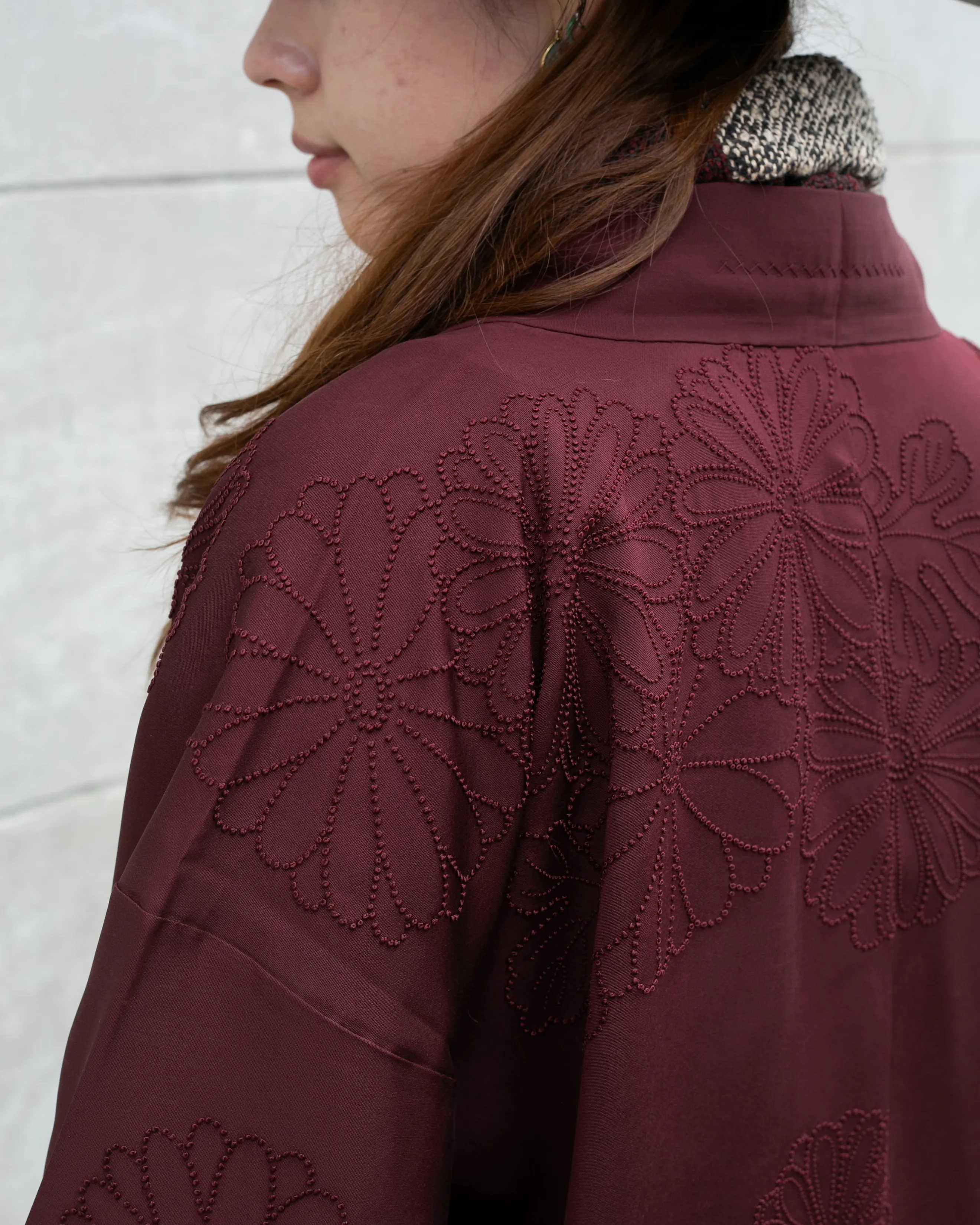 Vintage Haori Jacket, Partial Shibori, Burgundy with Textured Daisies