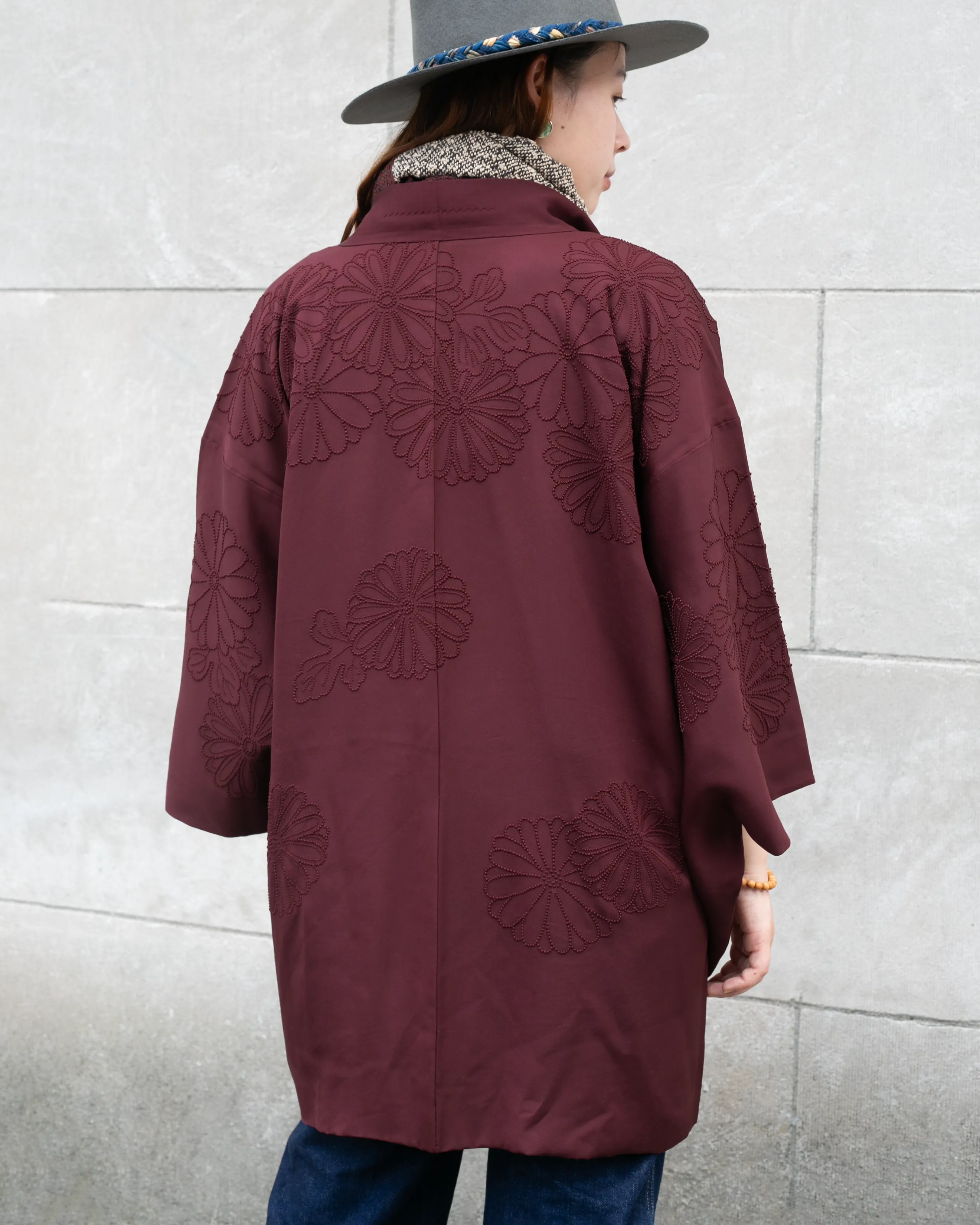 Vintage Haori Jacket, Partial Shibori, Burgundy with Textured Daisies