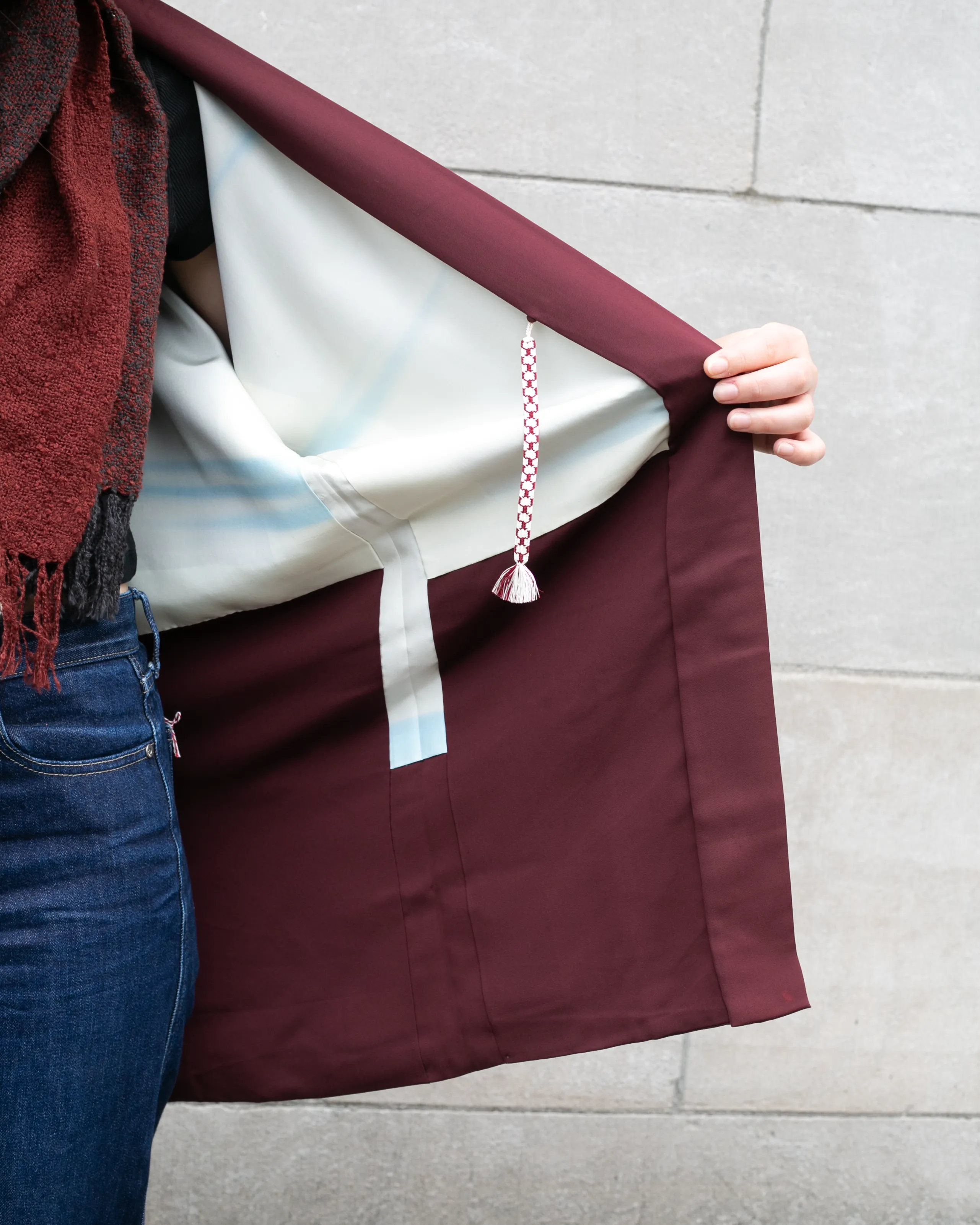 Vintage Haori Jacket, Partial Shibori, Burgundy with Textured Daisies