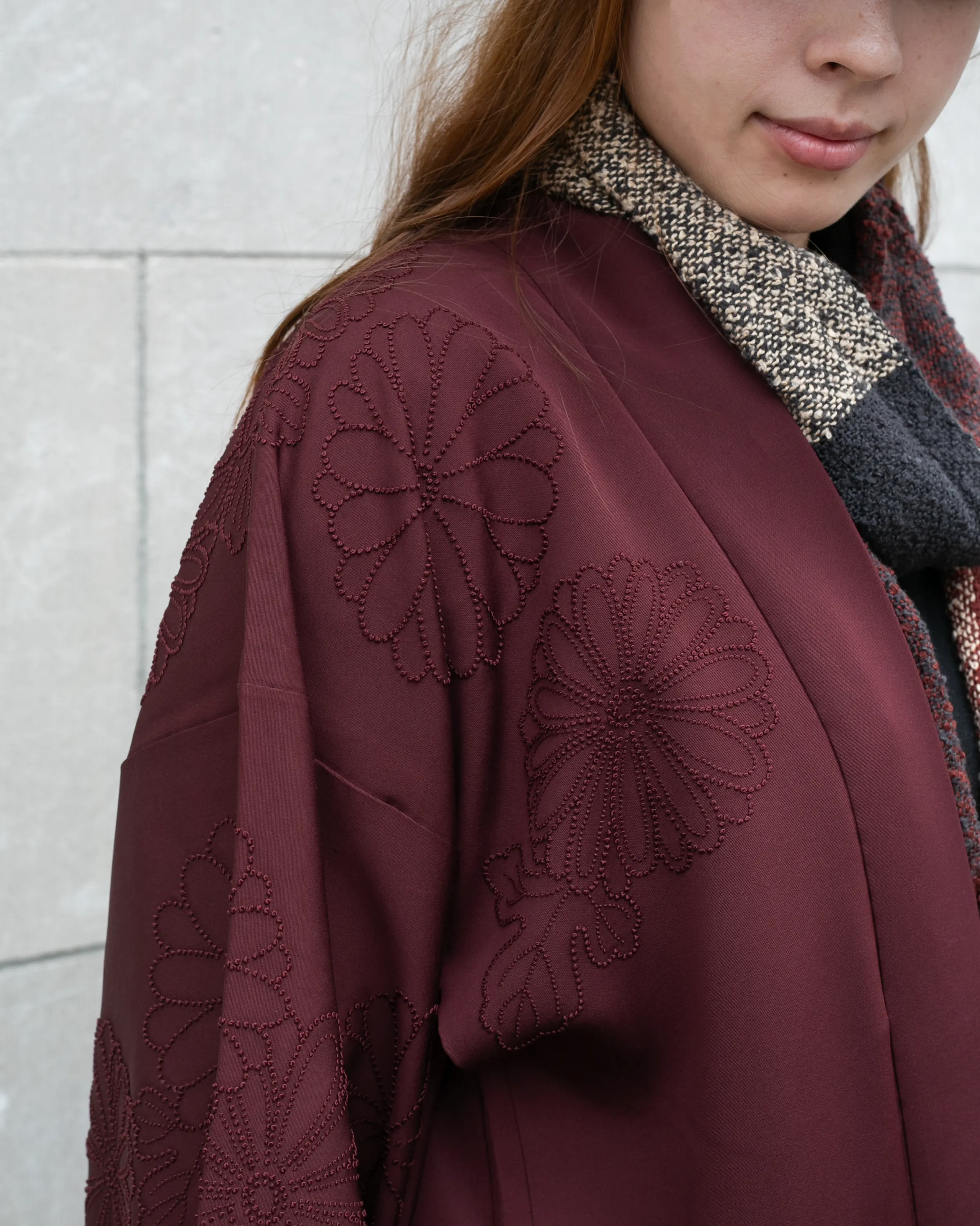 Vintage Haori Jacket, Partial Shibori, Burgundy with Textured Daisies