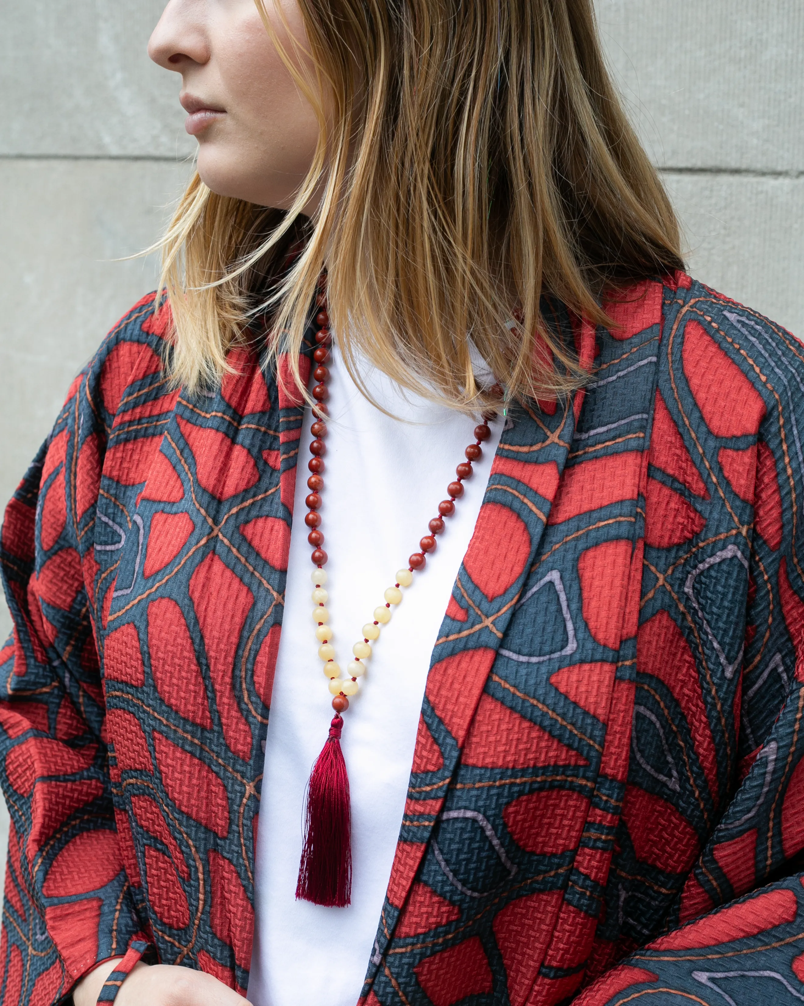 Vintage Hippari Jacket, Textured Abstract Red and Gray with Orange Curved Lines