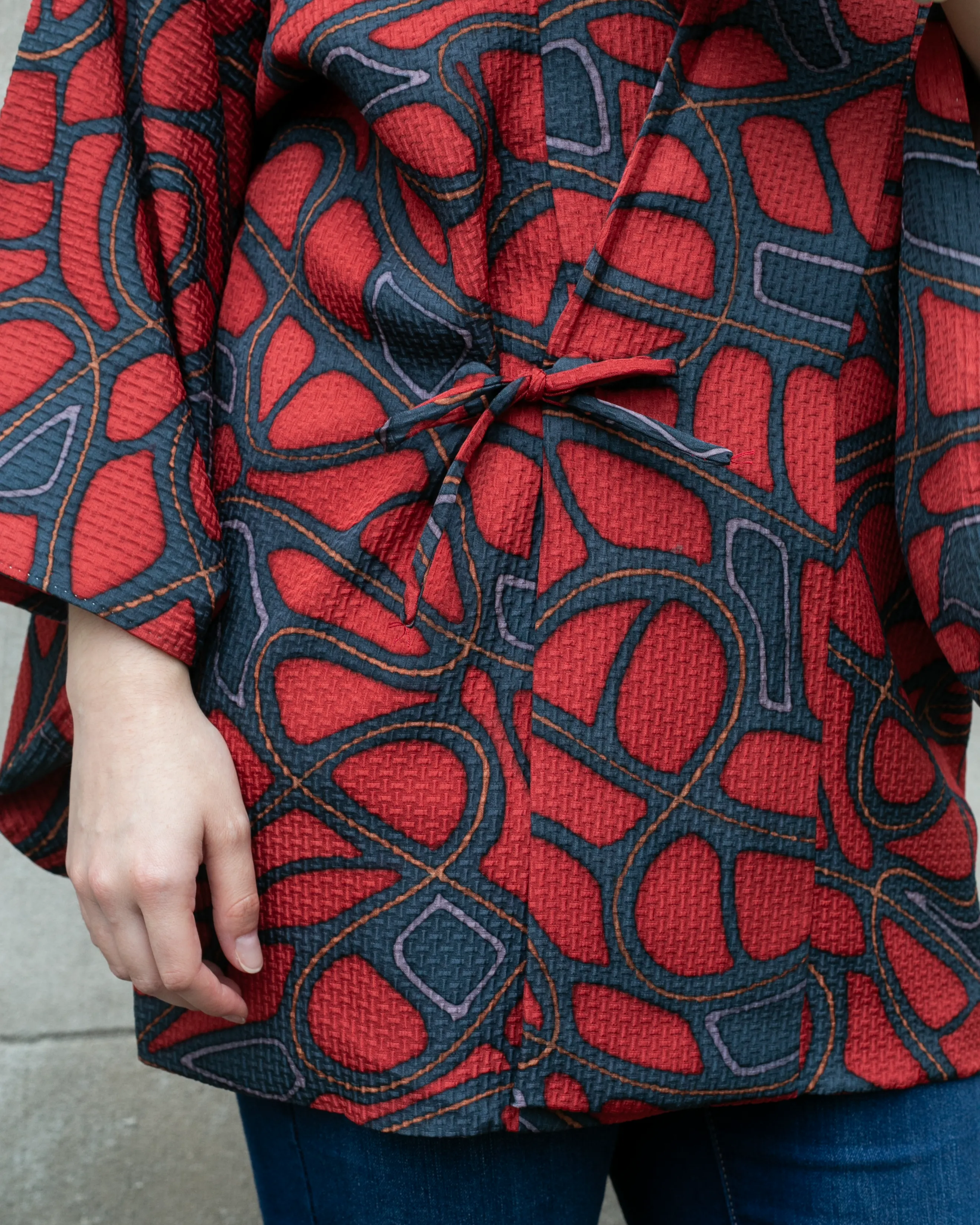 Vintage Hippari Jacket, Textured Abstract Red and Gray with Orange Curved Lines