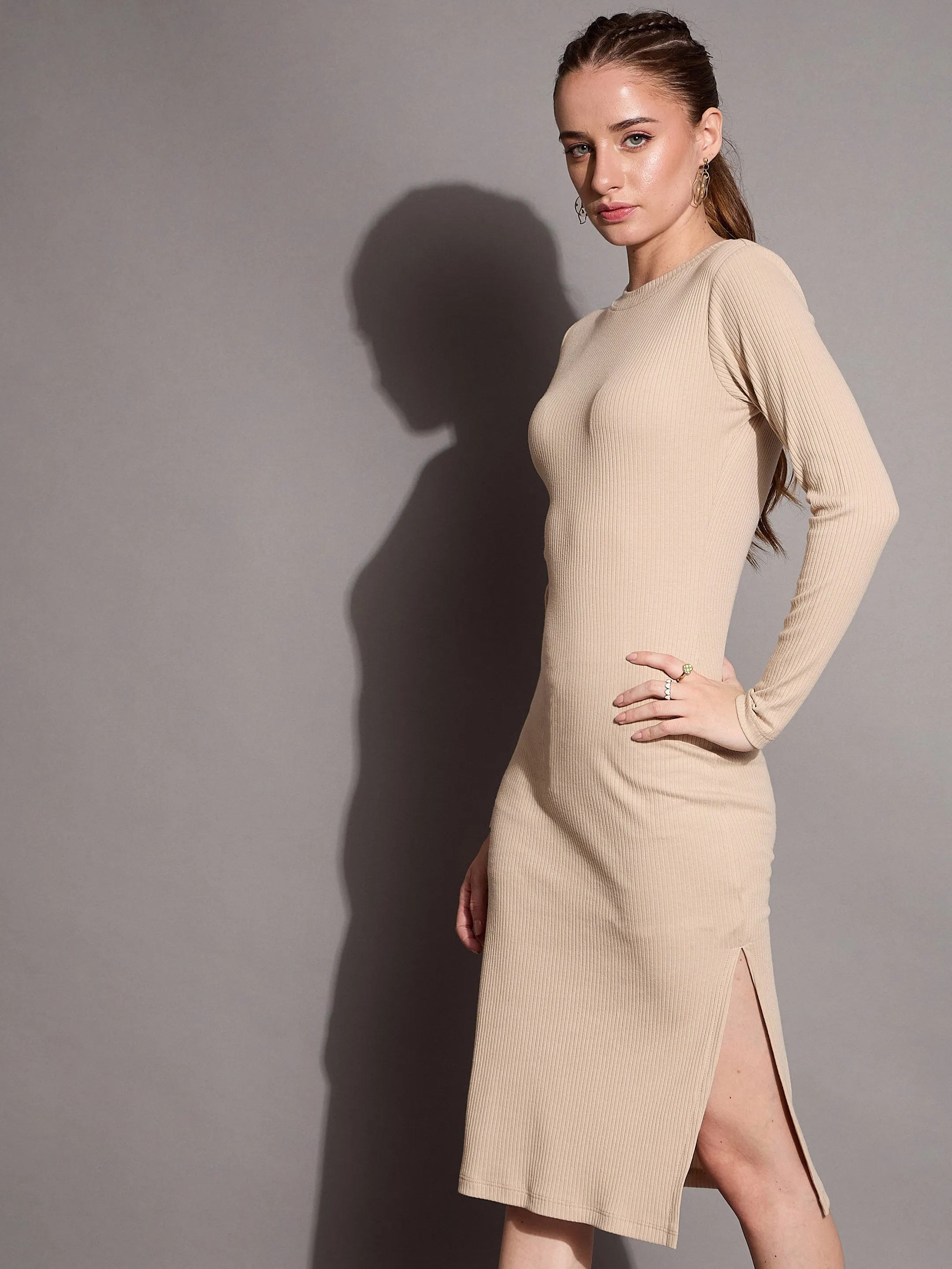 Women Beige Ribbed Side Slit Bodycon Dress