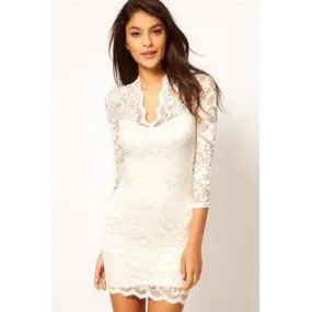 Women V-Neck Lace Slim Hip Skirt Style Sleeve Lace Dress White - TCWD053