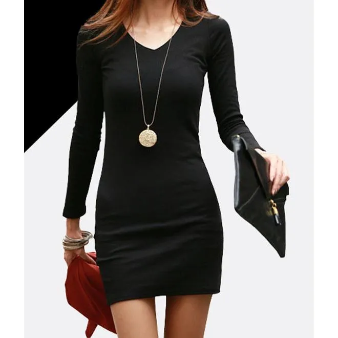 Women's Full Sleeves Thick Velvet Short Dress Black Front View - UWD076