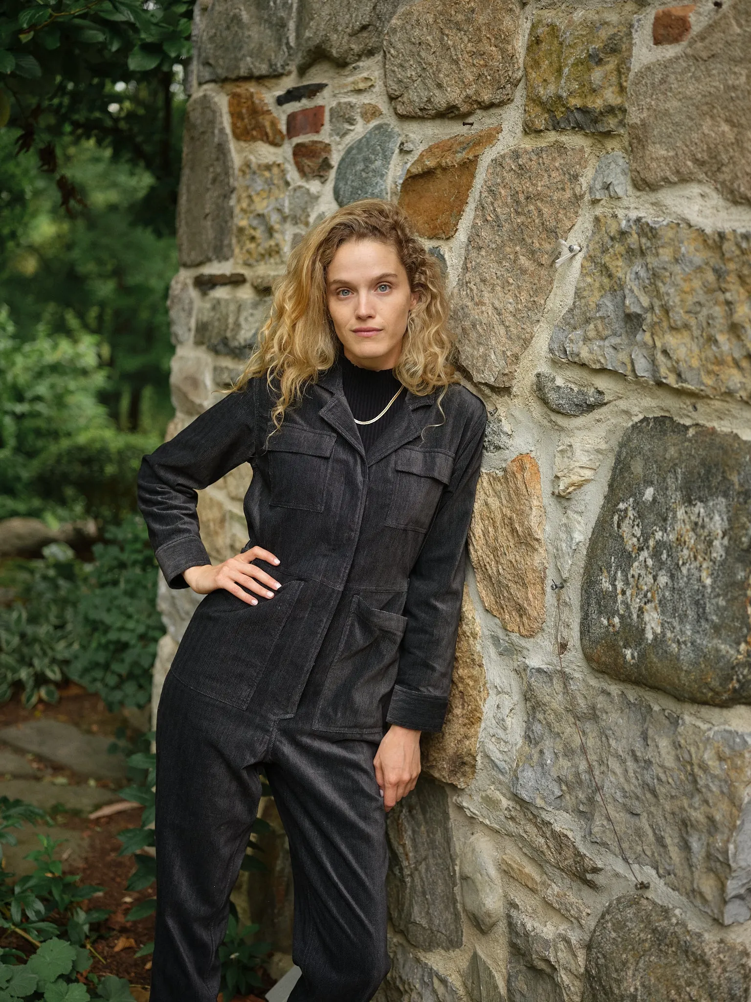 Women's Velvet Coveralls in Charcoal Herringbone