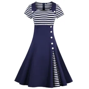 Women's Vintage 50s Navy Floral A-Line Swing Midi Dress