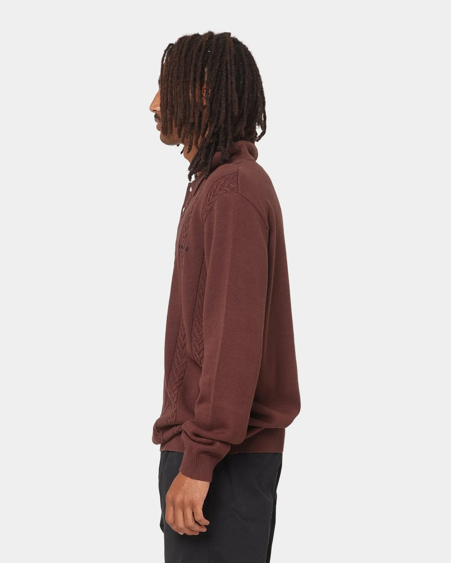 X Large Cable Knit Long Sleeve Polo Shirt Brown