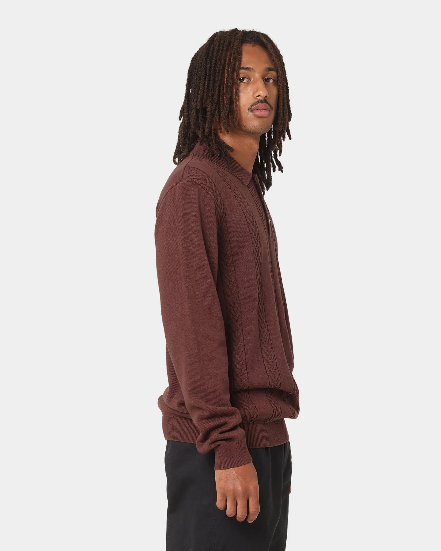 X Large Cable Knit Long Sleeve Polo Shirt Brown